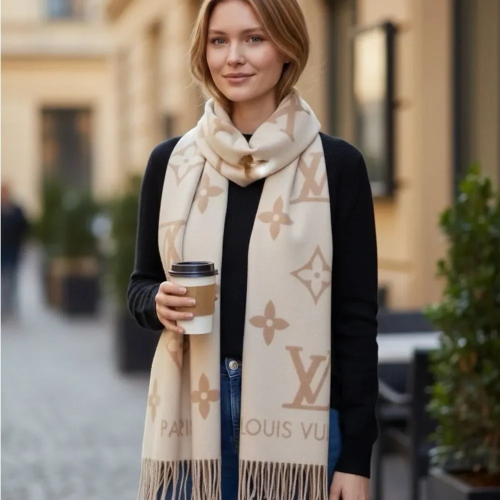 NWT Louis Vuitton Cream & Sable Brown 100% Cashmere M76067 LV Monogram Scarf